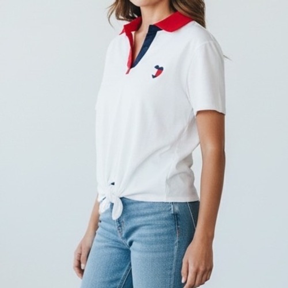 Tommy Hilfiger Women's Heart Logo Tie Front Polo Shirt Large Red Blue Collar